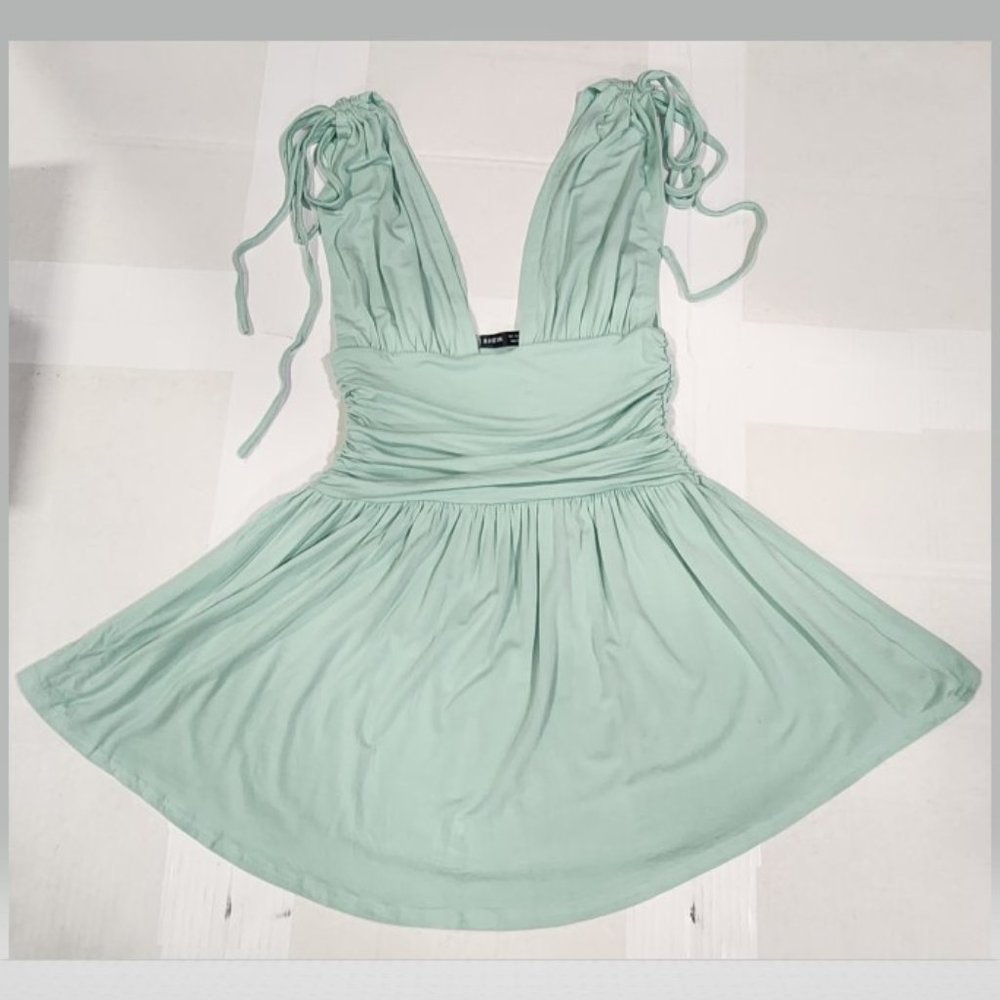 Plunging Neck Shirred Waist Sleeveless A-line Dress